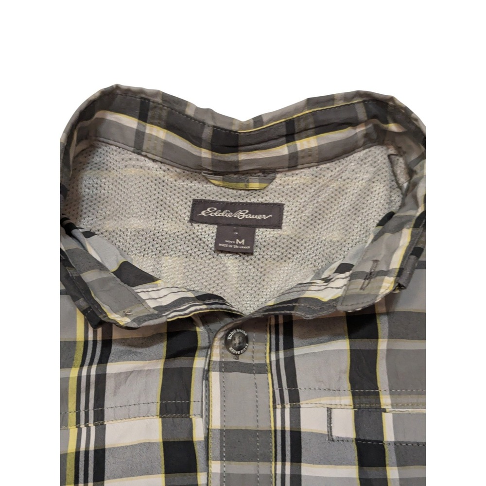 Eddie Bauer‎ Men's M Plaid Button Up Long Sleeve Shirt Gray Yellow Casual Cotton